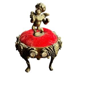 Vtg. Gold Tone Pewter Angel Cherub Pin Cushion w/rhinestones